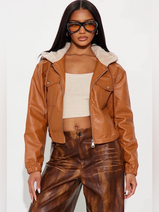 Jackets & Blazers - Women’s Tan Faux-Leather Sherpa Collar Jacket
